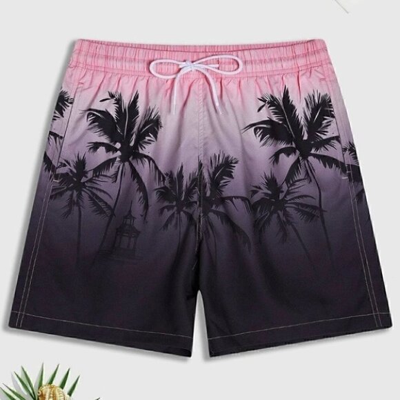Black & Pink Vacation Style Men's Coconut Tree Print Swim Trunks - Picture 1 of 2